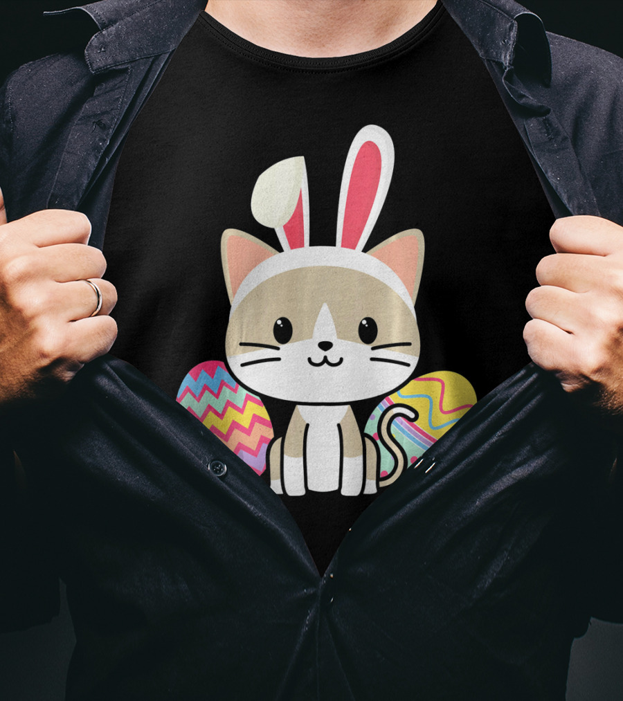 Easter Cat With Bunny Ears And Colorful Easter Eggs T-Shirt