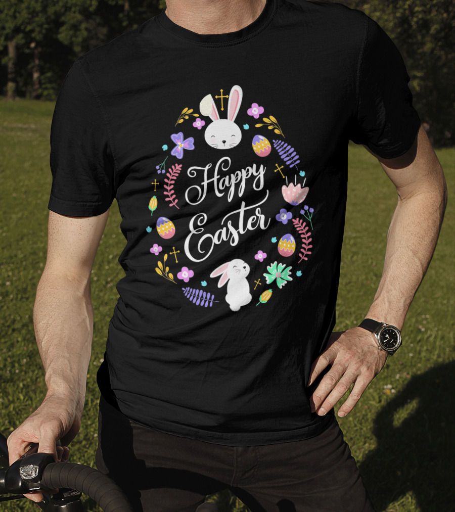 Happy Easter Christian Bunny Eggs Flowers Crosses T-Shirt