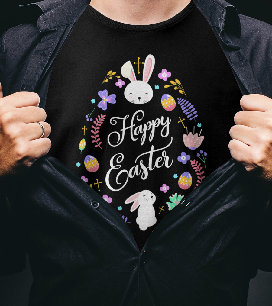 Happy Easter Christian Bunny Eggs Flowers Crosses T-Shirt