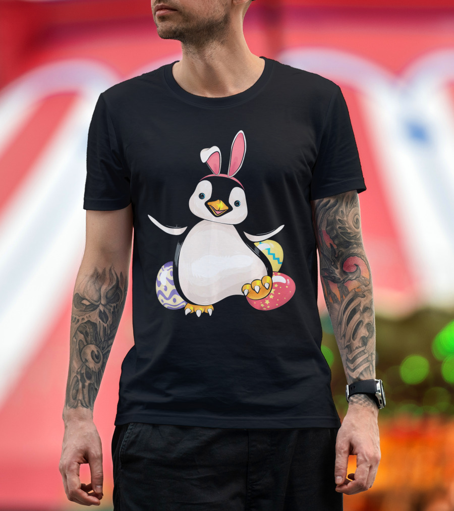 Penguin Bunny Easter with Colorful Eggs T-Shirt