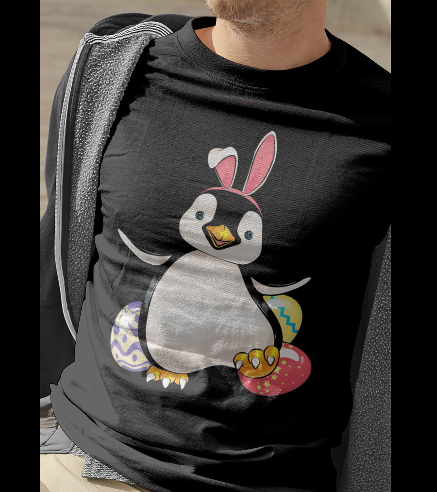 Penguin Bunny Easter With Colorful Eggs T-Shirt