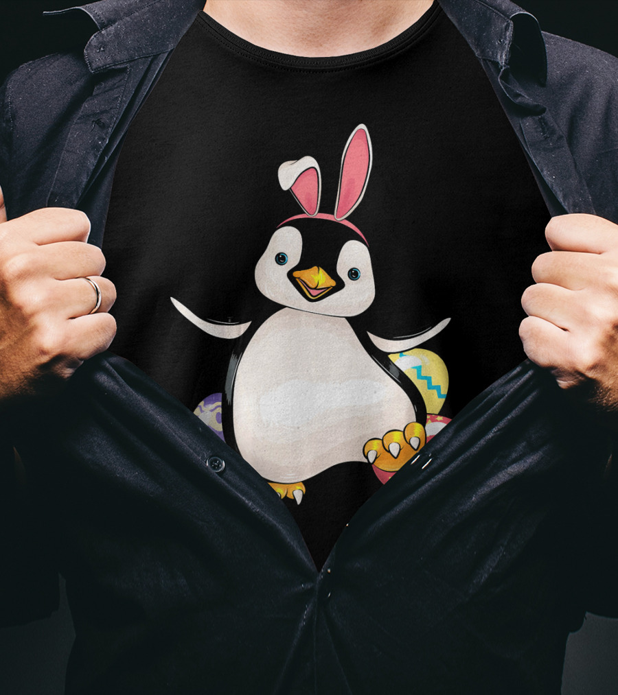Penguin Bunny Easter With Colorful Eggs T-Shirt