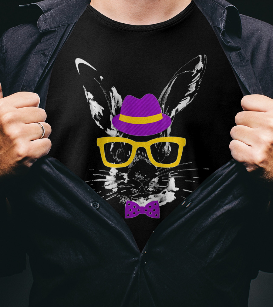 Easter Rabbit Watercolor Artwork Easter Bunny With Hat Glasses And Bow Tie T-Shirt