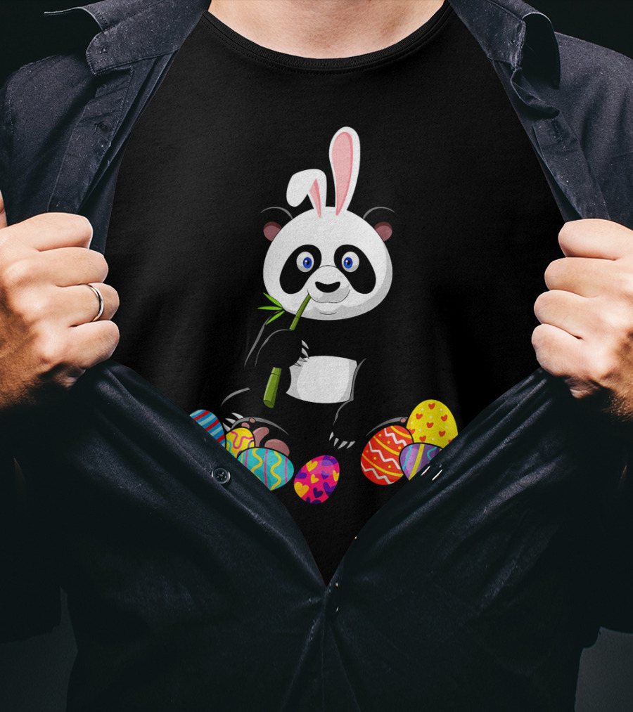 Panda With Bunny Ears And Colorful Easter Eggs T-Shirt