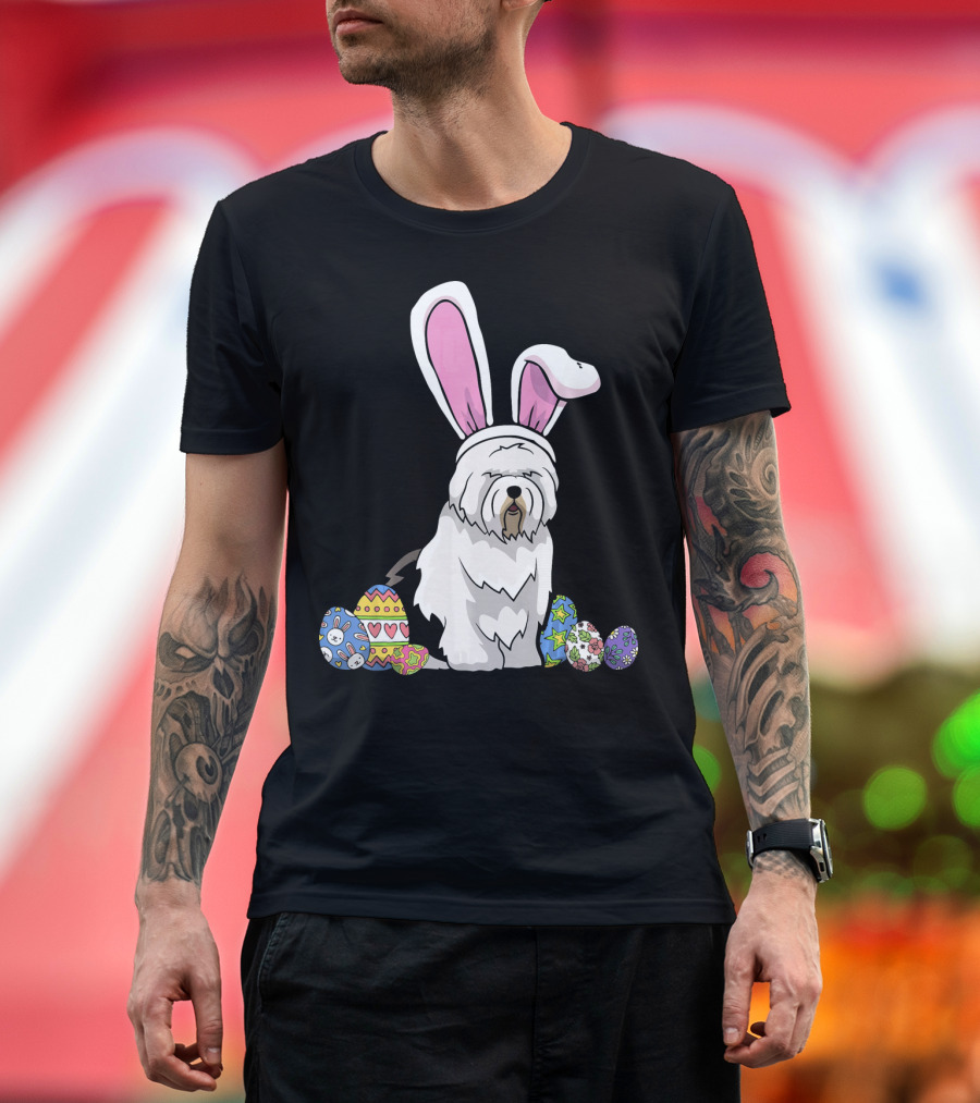 Old English Sheepdog Dressed as Easter Bunny with Colorful Eggs T-Shirt