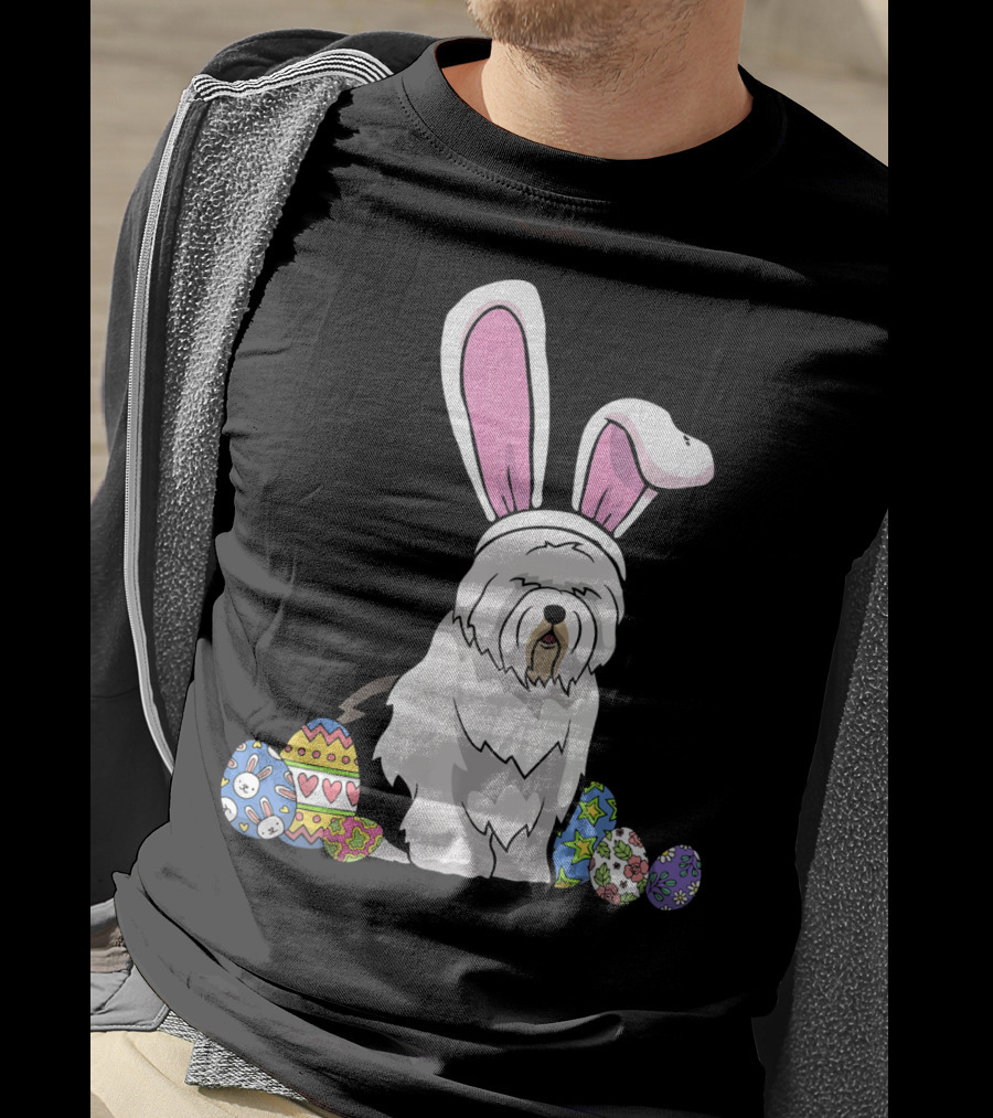 Old English Sheepdog Dressed As Easter Bunny With Colorful Eggs T-Shirt