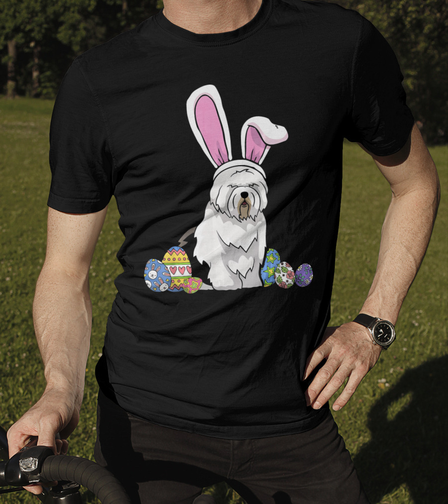 Old English Sheepdog Dressed As Easter Bunny With Colorful Eggs T-Shirt