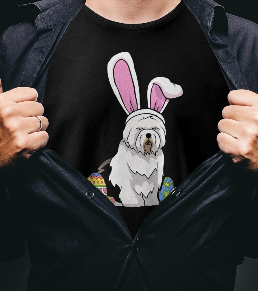 Old English Sheepdog Dressed As Easter Bunny With Colorful Eggs T-Shirt