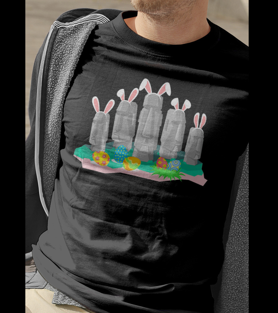 Easter Island Statues With Bunny Ears And Easter Eggs Holiday Humor T-Shirt