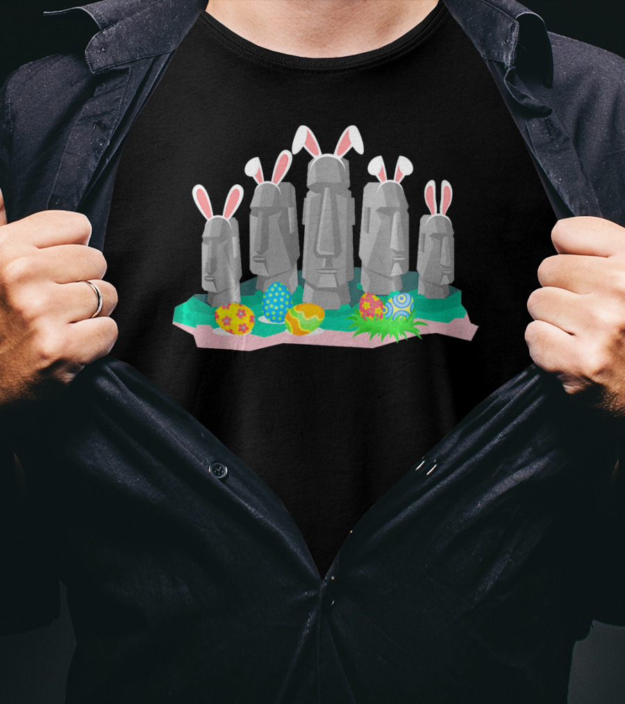Easter Island Statues With Bunny Ears And Easter Eggs Holiday Humor T-Shirt