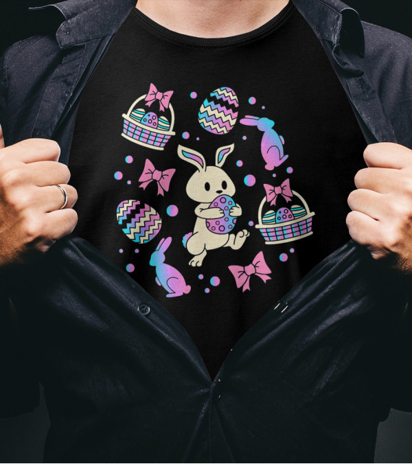 Easter Egg Hunting Bunny Rabbit Colorful Baskets And Bows T-Shirt