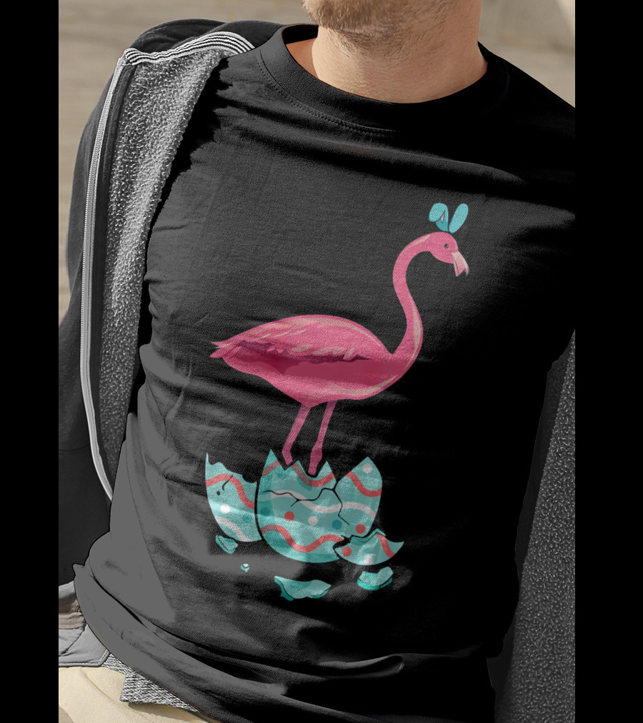 Funny Pink Flamingo On Easter Egg Bun With Bow T-Shirt