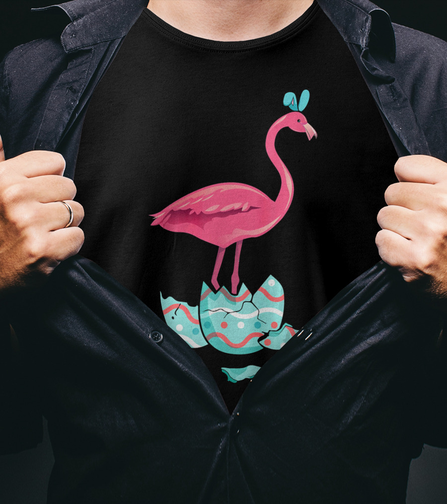 Funny Pink Flamingo On Easter Egg Bun With Bow T-Shirt