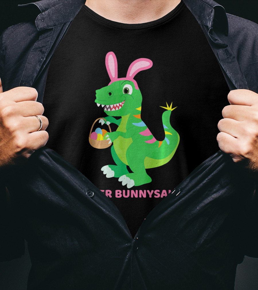 Easter Bunnysaurus Dinosaur With Bunny Ears And Egg Basket T-Shirt