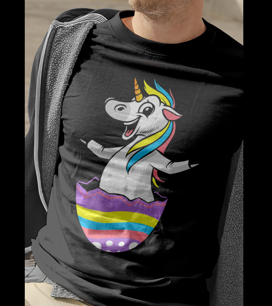 Easter Unicorn In Colorful Striped Egg T-Shirt