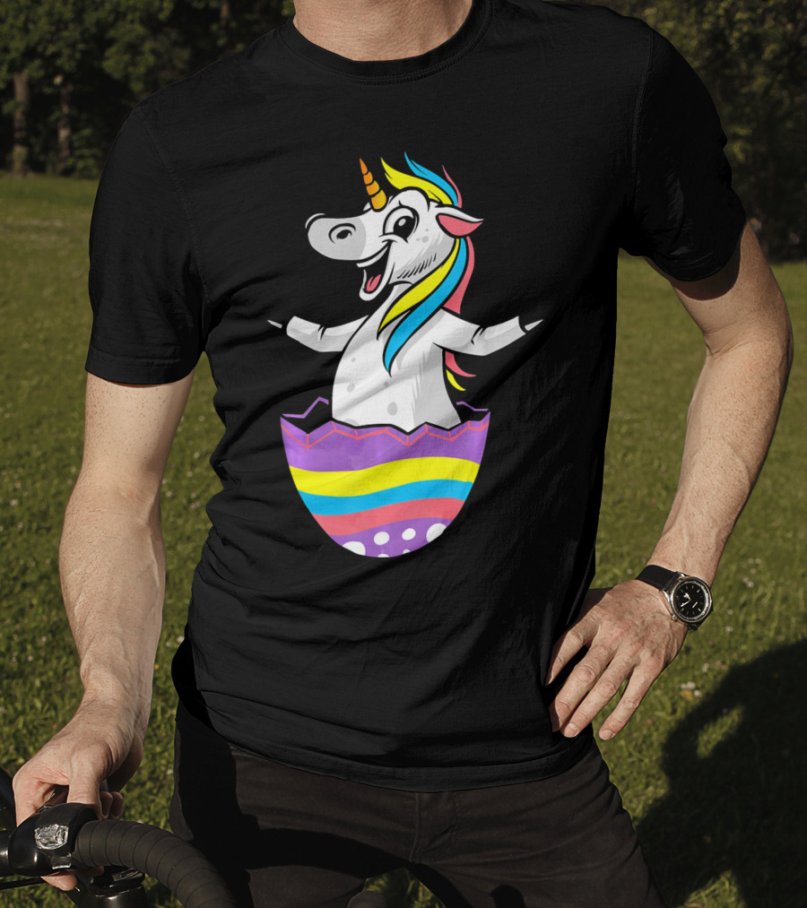 Easter Unicorn In Colorful Striped Egg T-Shirt