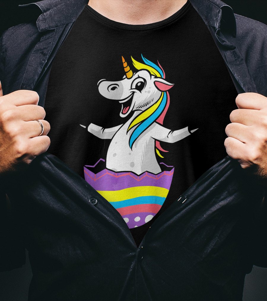 Easter Unicorn In Colorful Striped Egg T-Shirt