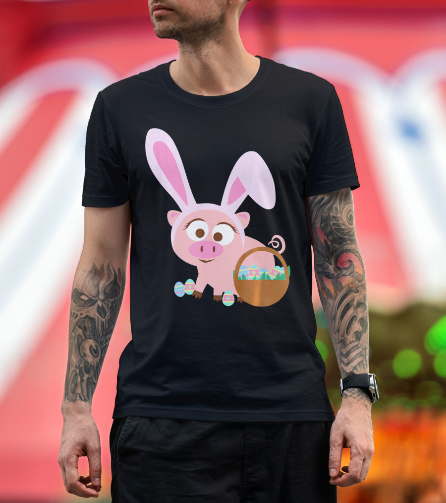 Happy Pig Bunny Ears Easter Eggs Basket T-Shirt