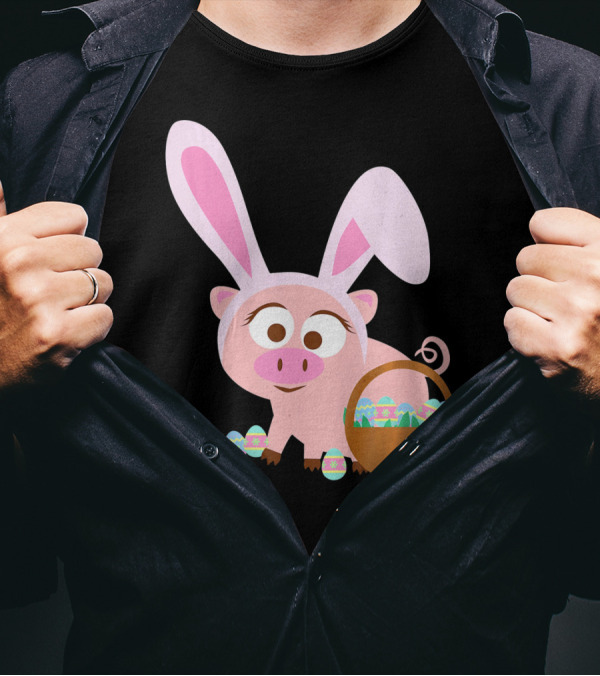 Happy Pig Bunny Ears Easter Eggs Basket T-Shirt