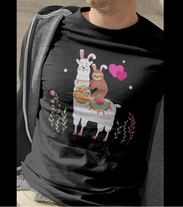 Sloth With Basket On Llama Wearing Easter Bunny Ears With Hearts And Flowers T-Shirt