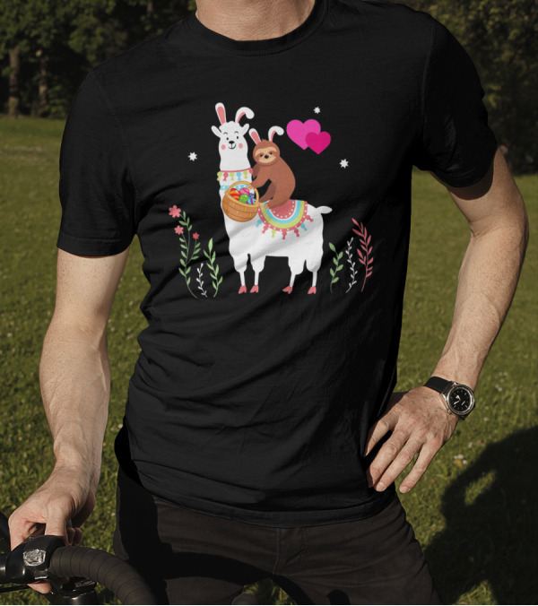 Sloth With Basket On Llama Wearing Easter Bunny Ears With Hearts And Flowers T-Shirt