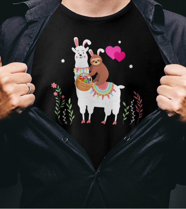 Sloth With Basket On Llama Wearing Easter Bunny Ears With Hearts And Flowers T-Shirt