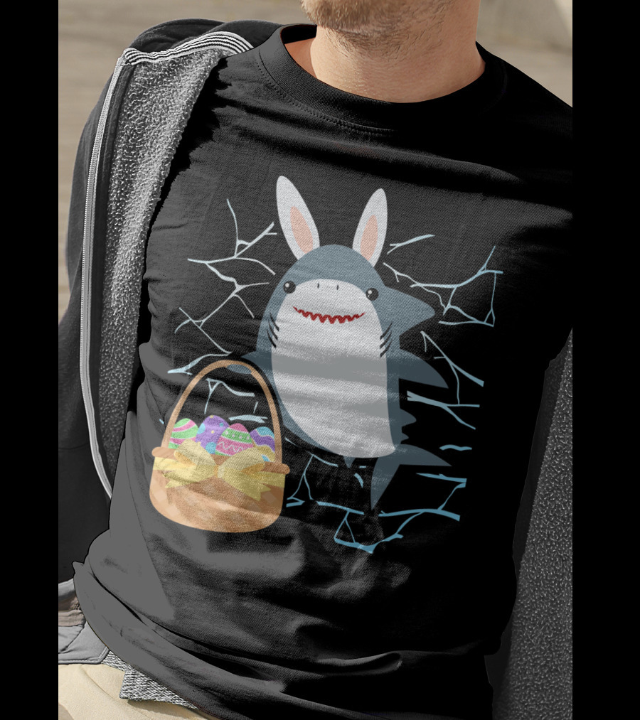 Easter Bunny Shark With Basket Of Eggs And Funny Expression T-Shirt