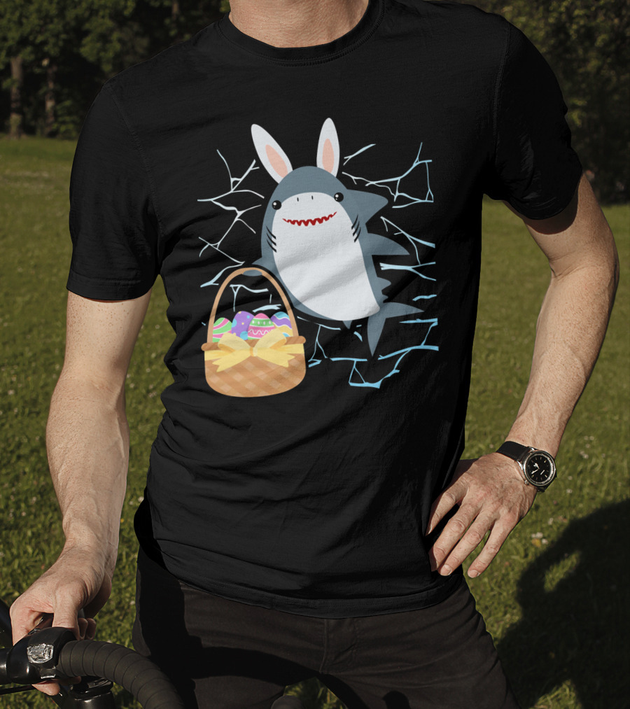 Easter Bunny Shark With Basket Of Eggs And Funny Expression T-Shirt