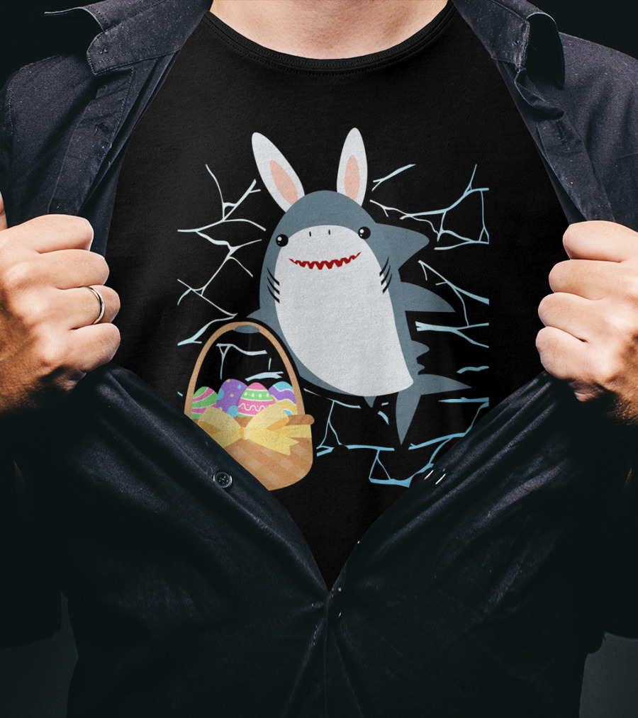 Easter Bunny Shark With Basket Of Eggs And Funny Expression T-Shirt
