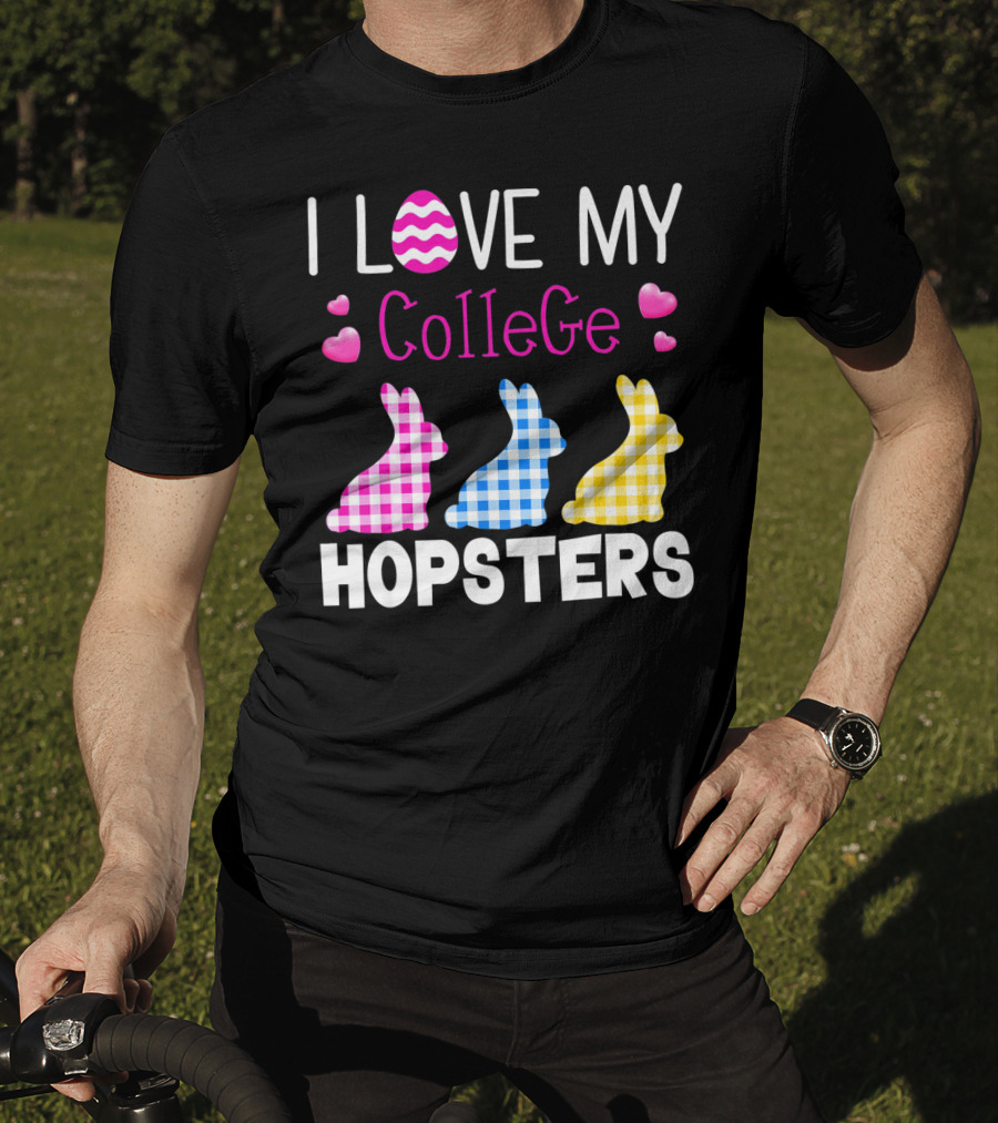 I Love My College Hopsters Easter Bunnies Plaid Hearts T-Shirt