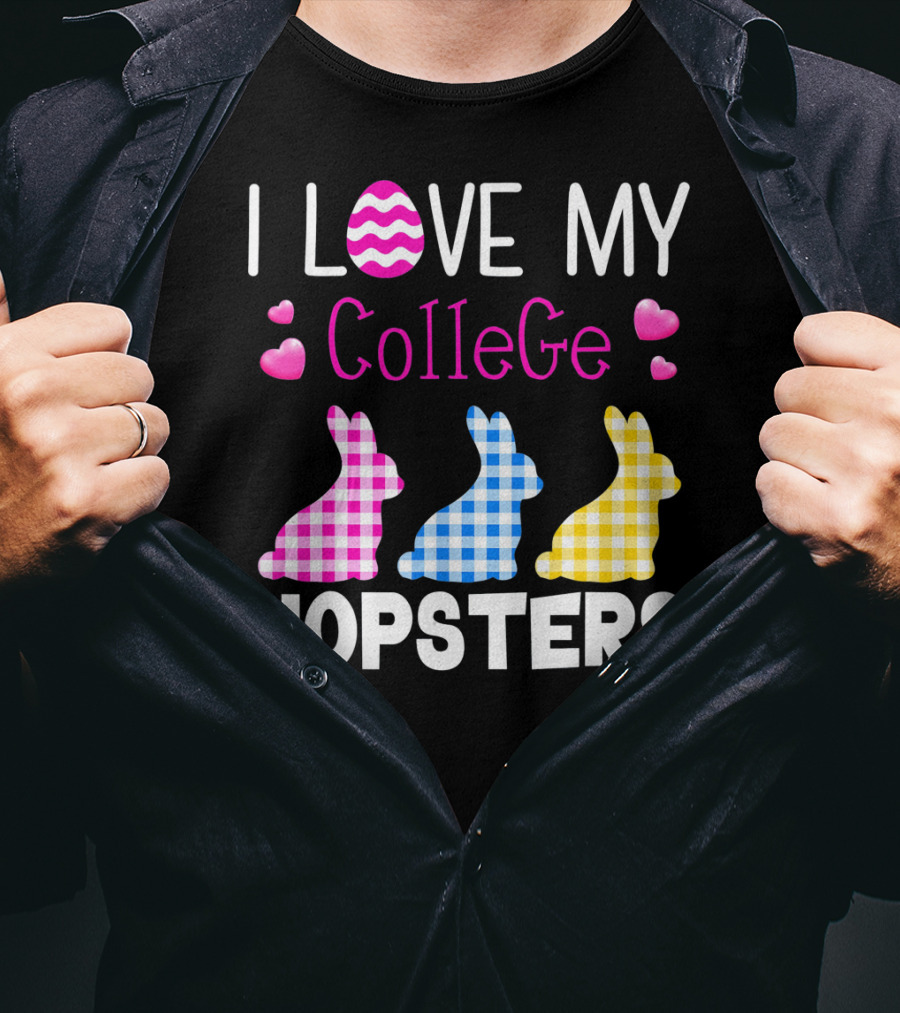 I Love My College Hopsters Easter Bunnies Plaid Hearts T-Shirt