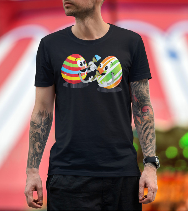 Premium T-Shirt: Egg Painting Funny Easter Coloring Activity with Striped Cartoon Eggs T-Shirt Egg Painting Funny Easter Coloring Activity with Striped Cartoon Eggs T-Shirt