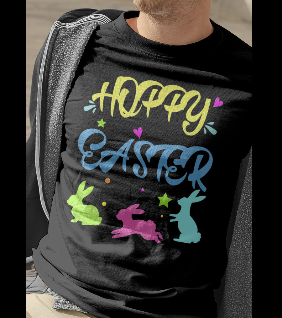 Hoppy Easter Novelty Orthodox Colorful Bunny Silhouettes With Hearts And Stars T-Shirt
