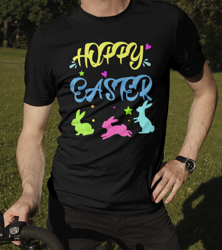 Hoppy Easter Novelty Orthodox Colorful Bunny Silhouettes With Hearts And Stars T-Shirt