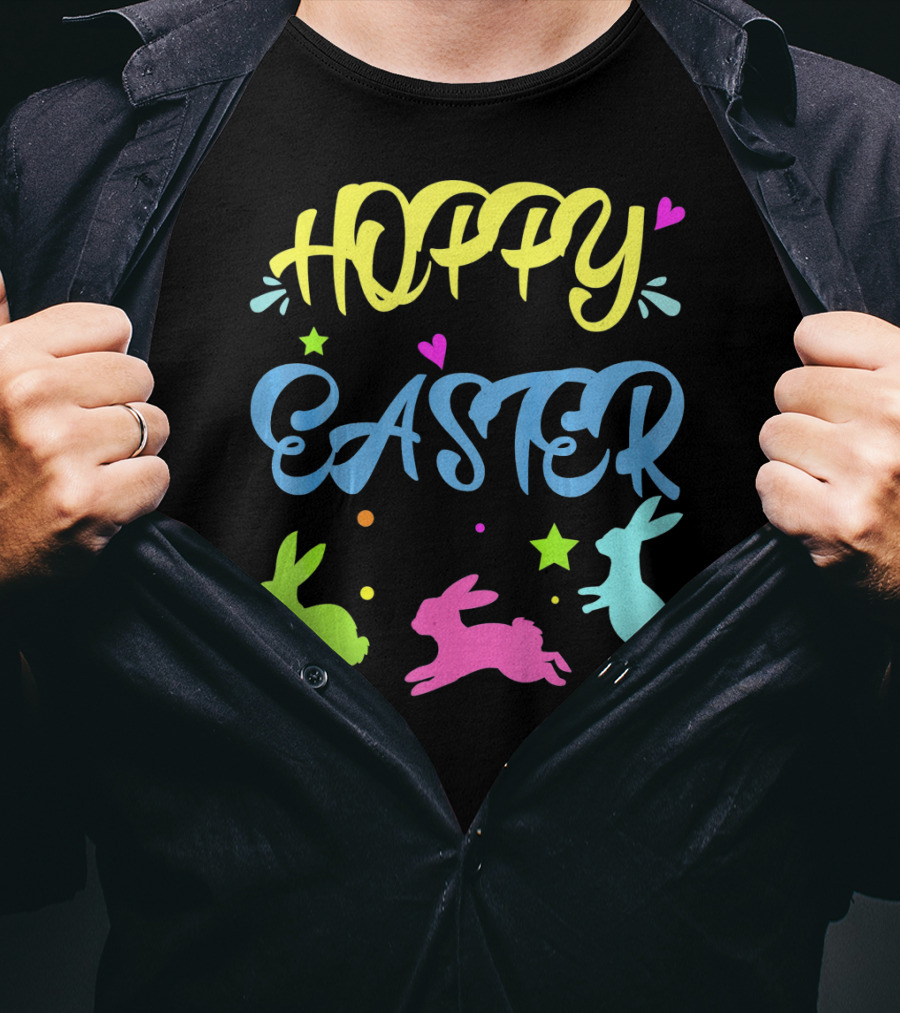 Hoppy Easter Novelty Orthodox Colorful Bunny Silhouettes With Hearts And Stars T-Shirt