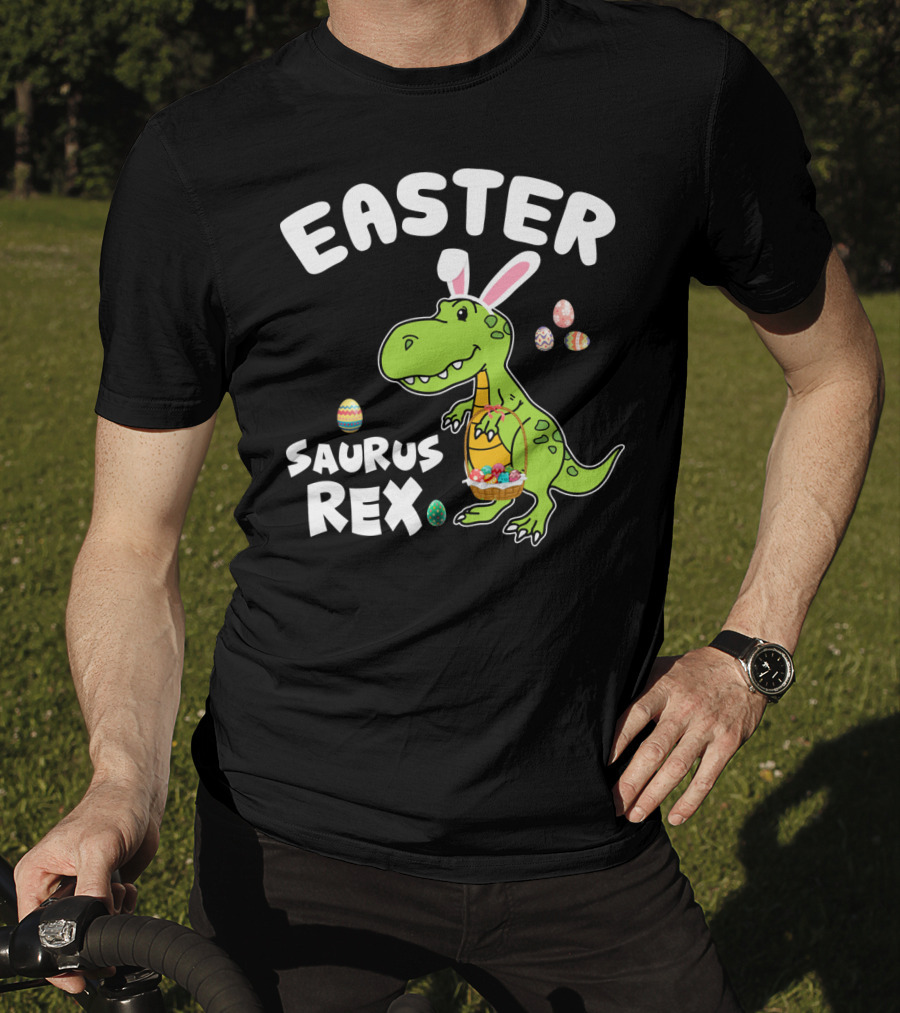 Easter Saurus Rex Dinosaur With Bunny Ears And Colorful Eggs T-Shirt