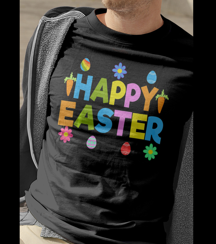 Happy Easter Bunny Carrot Colorful Eggs Flowers T-Shirt