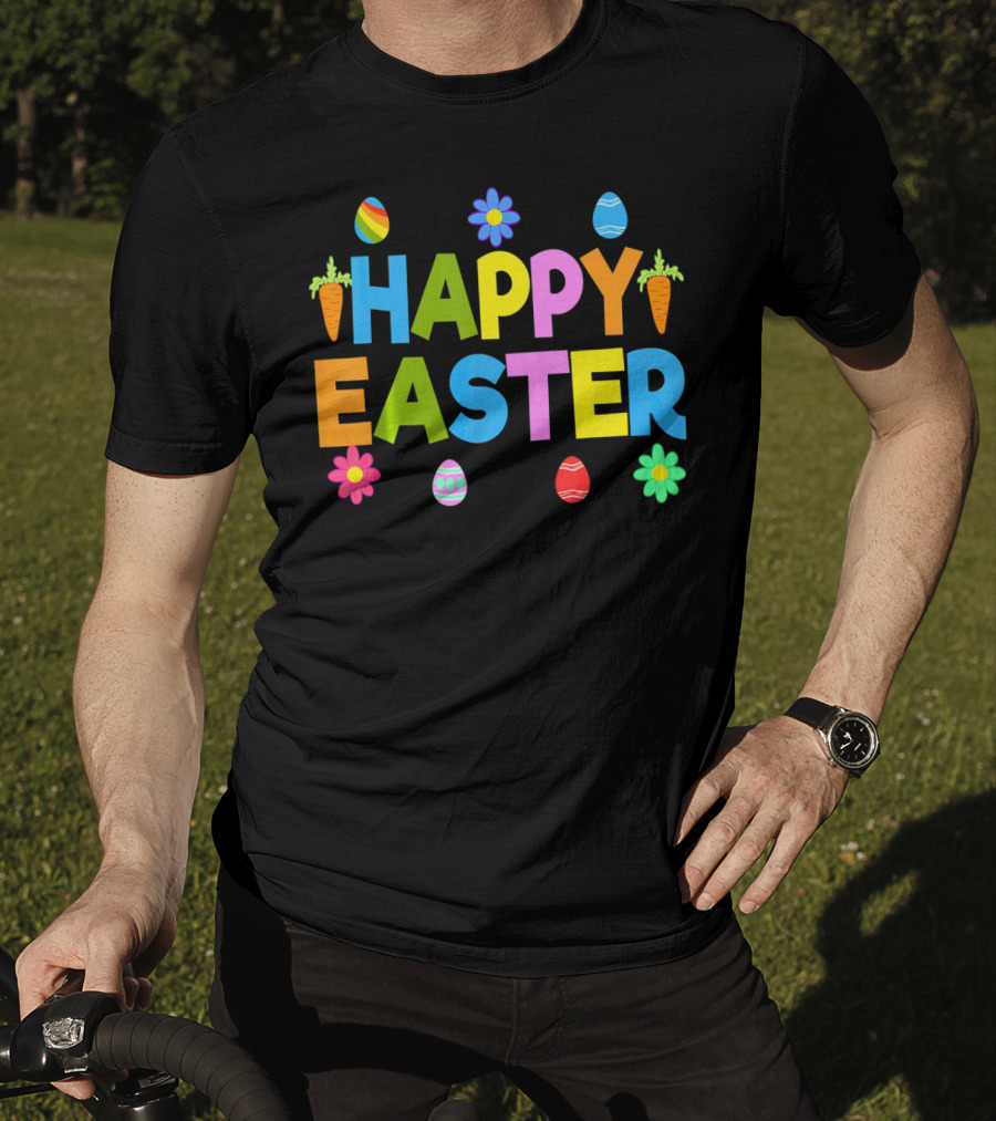 Happy Easter Bunny Carrot Colorful Eggs Flowers T-Shirt