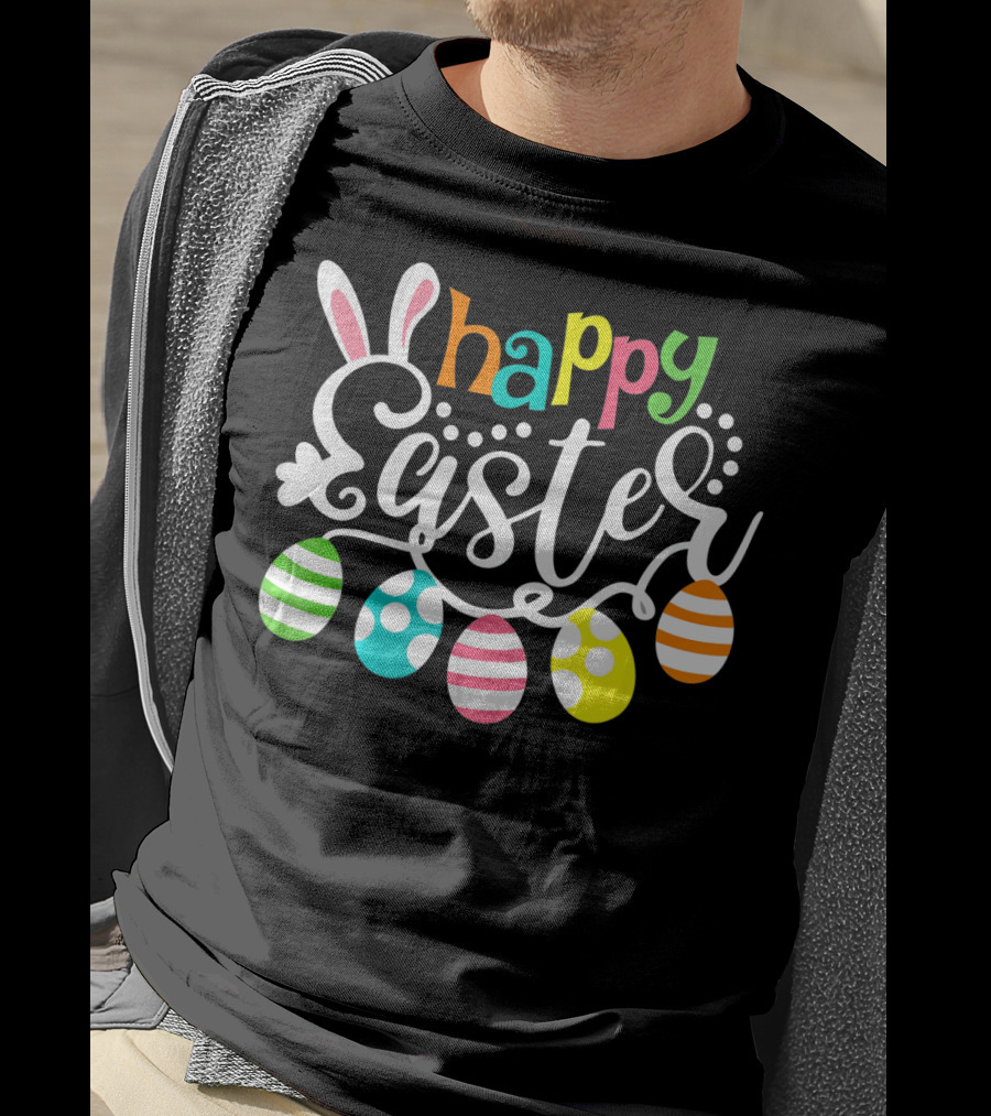 Happy Easter Cute Bunny And Colorful Easter Egg Garland T-Shirt
