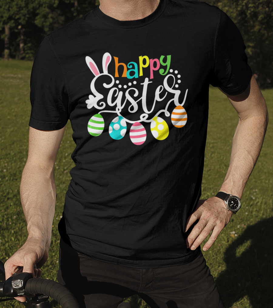 Happy Easter Cute Bunny And Colorful Easter Egg Garland T-Shirt