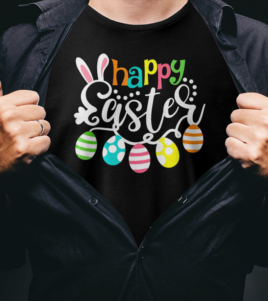 Happy Easter Cute Bunny And Colorful Easter Egg Garland T-Shirt