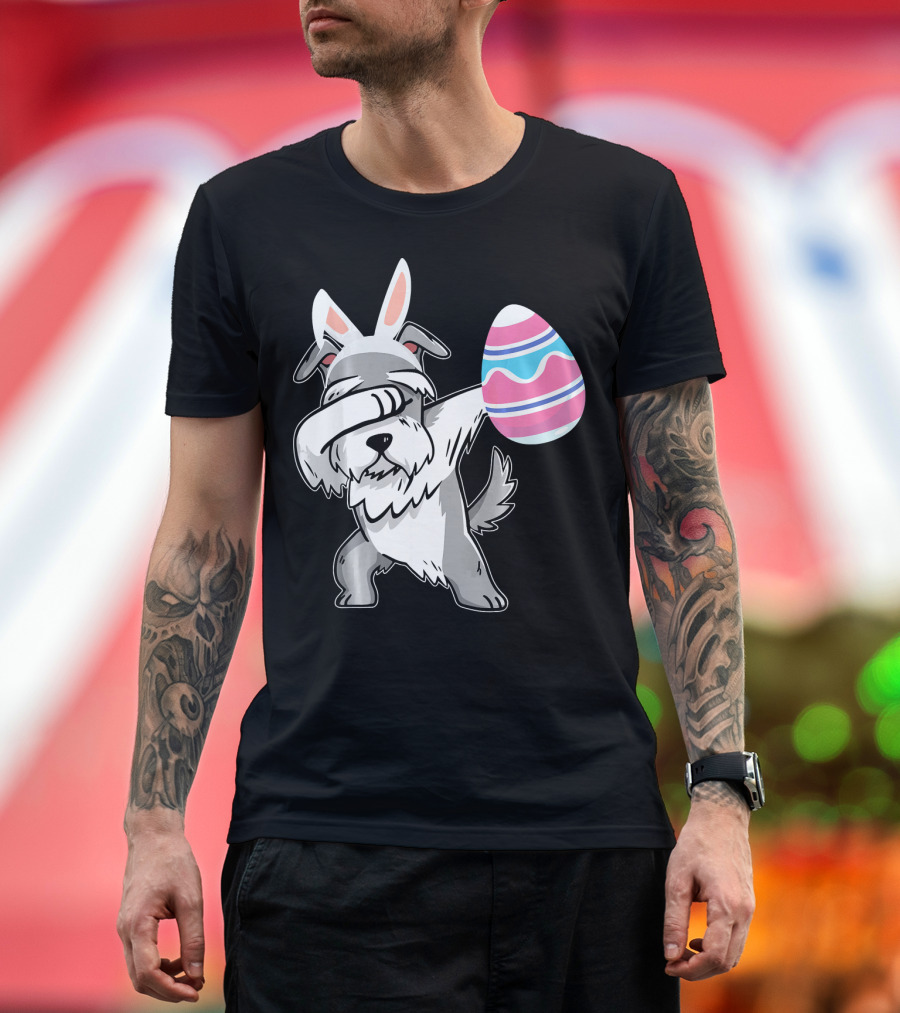 Easter Bunny Ears Schnauzer Dog Dabbing with Colorful Egg T-Shirt