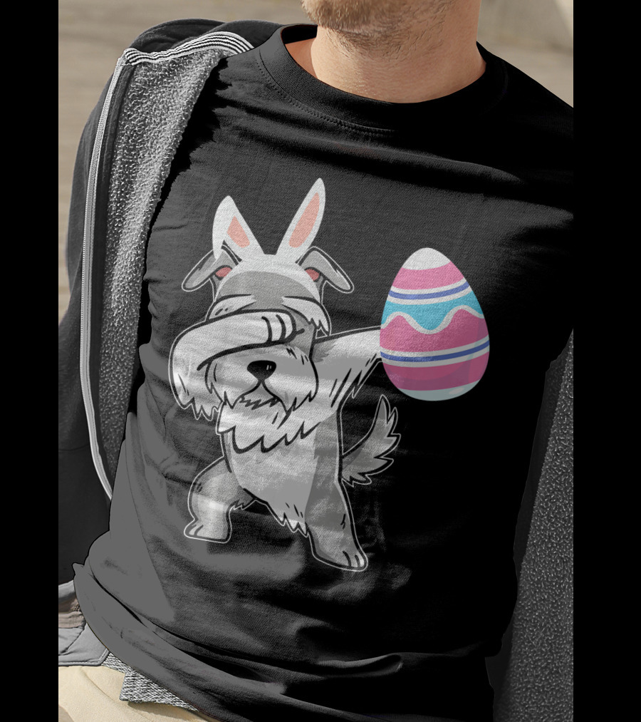 Easter Bunny Ears Schnauzer Dog Dabbing With Colorful Egg T-Shirt