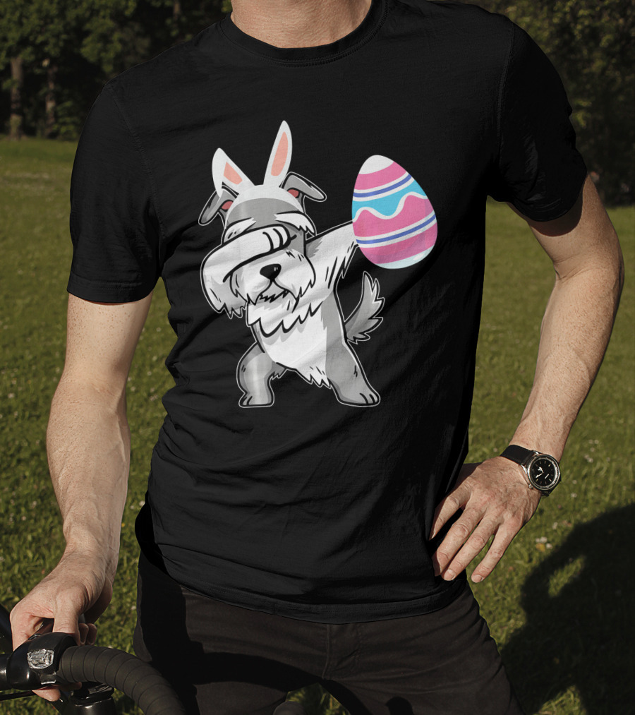 Easter Bunny Ears Schnauzer Dog Dabbing With Colorful Egg T-Shirt