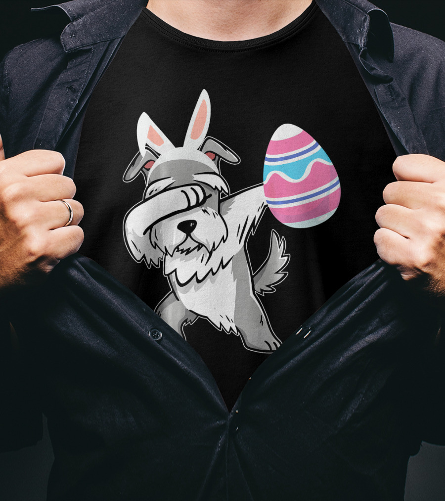 Easter Bunny Ears Schnauzer Dog Dabbing With Colorful Egg T-Shirt