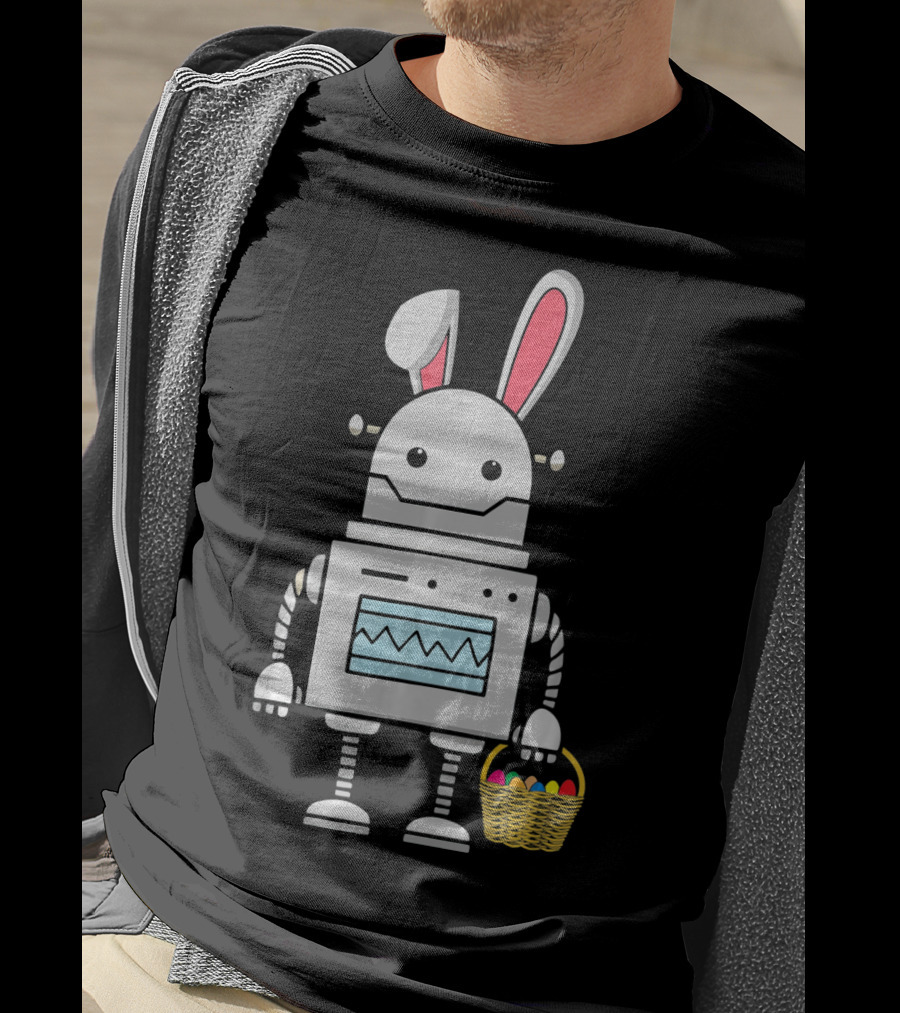 Cute Easter Robot Bunny With Basket Of Colorful Eggs T-Shirt