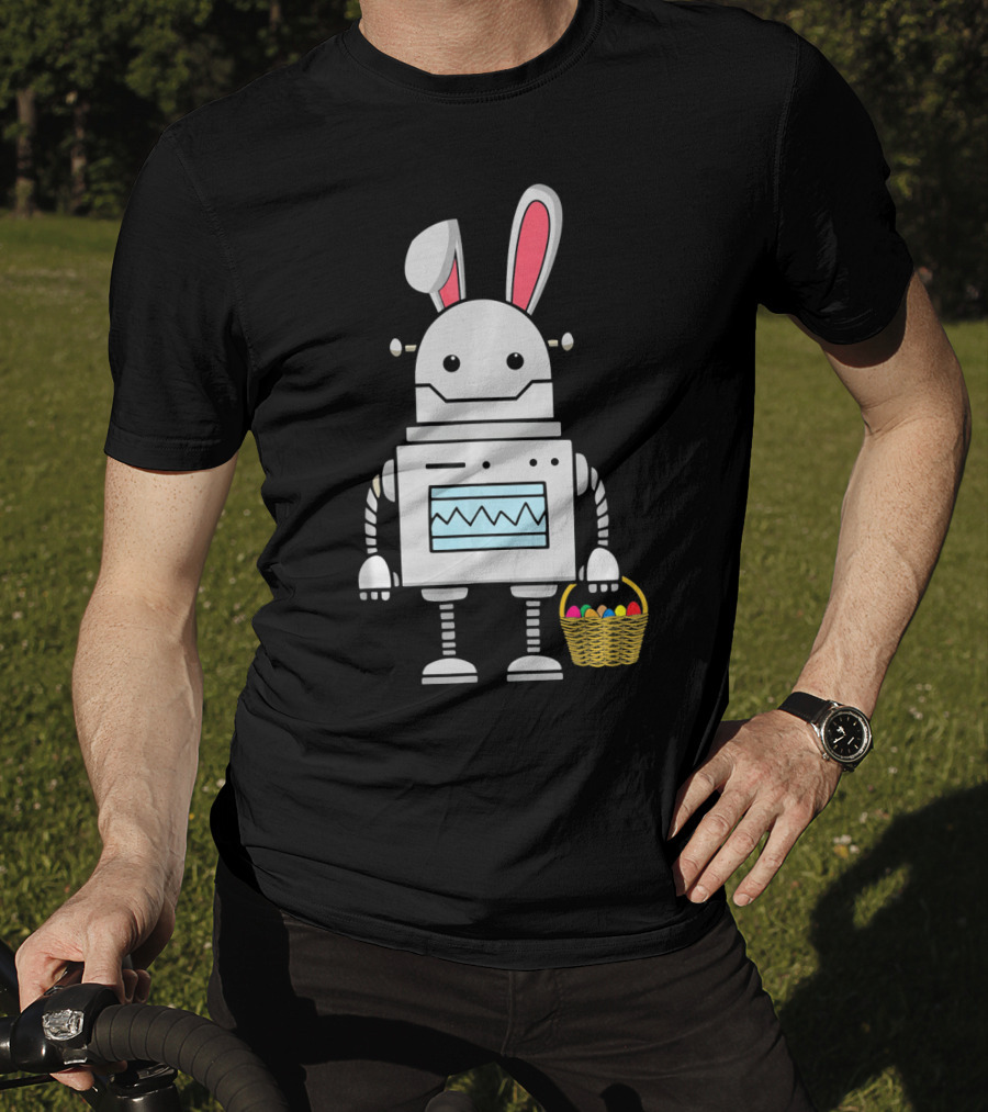 Cute Easter Robot Bunny With Basket Of Colorful Eggs T-Shirt