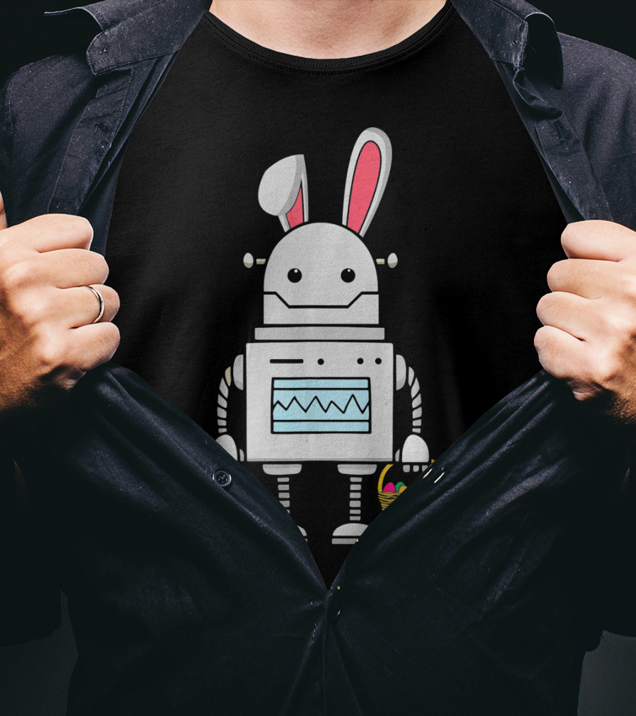 Cute Easter Robot Bunny With Basket Of Colorful Eggs T-Shirt