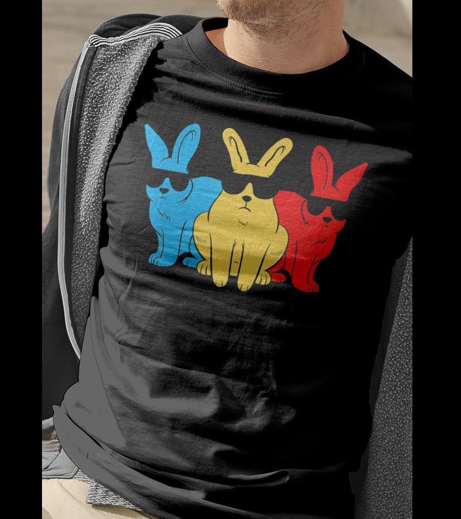 Hip Trio Bunnies Shades Funny Hipster Blue Yellow Red T-Shirt