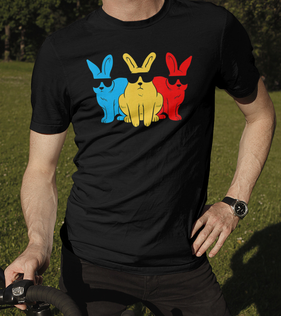 Hip Trio Bunnies Shades Funny Hipster Blue Yellow Red T-Shirt